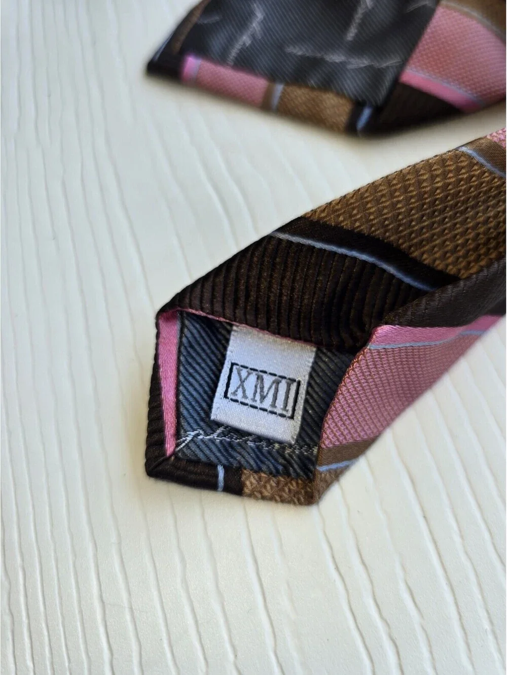 XMI Platinum Pink Brown Striped 100% Silk Men's Necktie